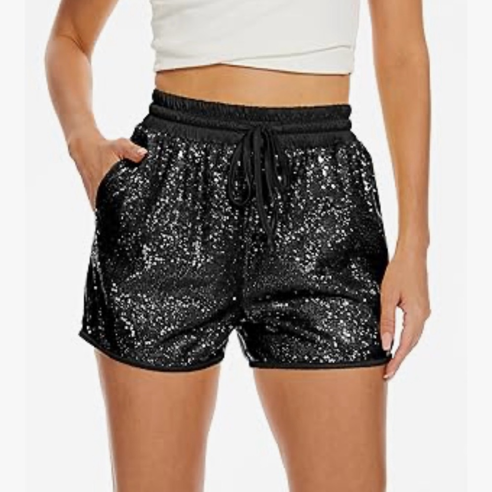 Pesion‎ High Waist Sequins Short in Black Women’s Size L